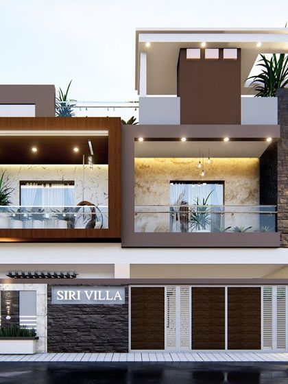 The front elevation of the "Siri Villa" project, featuring stacked, boxy forms with glass-railed balconies. The design uses a mix of stone cladding, wood-look panels, and white plaster for a rich, textured appearance.