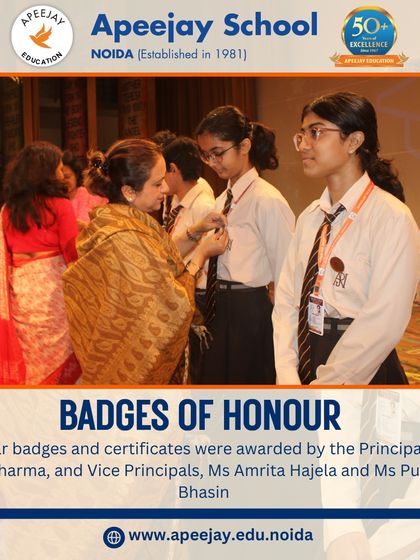 Our Principal, Dr. Neha Sharma, awarding scholar badges and certificates to our high-achieving students, recognizing their commitment to academic excellence.