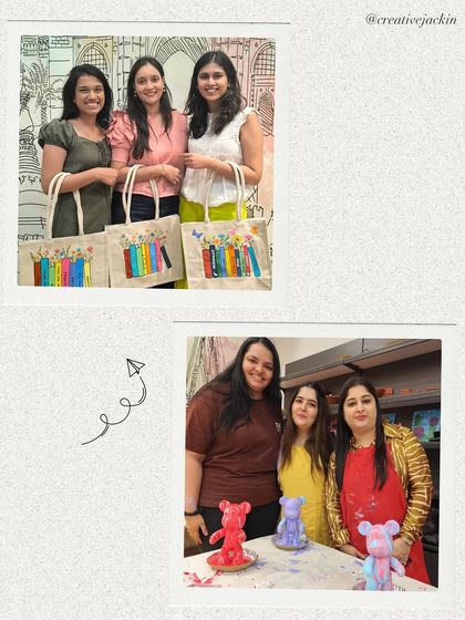 A collage showing women with their finished projects, including custom tote bags and painted bear figurines. There's a wide variety of workshops to choose from.