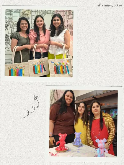 A collage showing women with their finished projects, including custom tote bags and painted bear figurines. There's a wide variety of workshops to choose from.