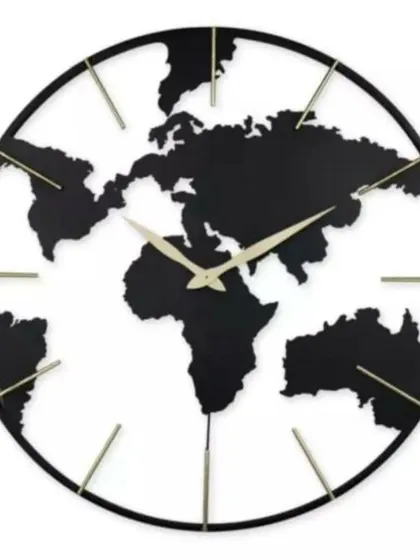 For the globetrotter, this artistic wall clock features a world map design within a circular frame. The black topographical silhouette with gold hands is a sophisticated way to express a love for travel.