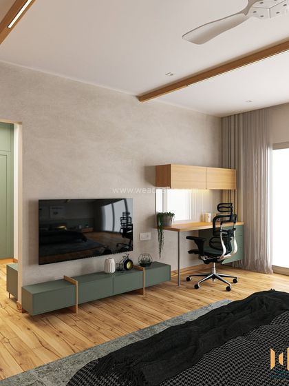 Another view of the integrated TV and workspace, demonstrating a functional and aesthetically pleasing layout.