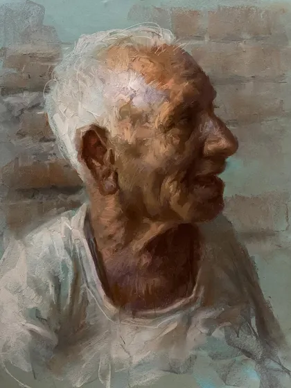 This portrait of a grandfather, created with soft pastels on paper, focuses on capturing the emotion and wisdom etched into an older face. The pastel medium allows for a softness that contrasts with the expressive, rapid strokes.