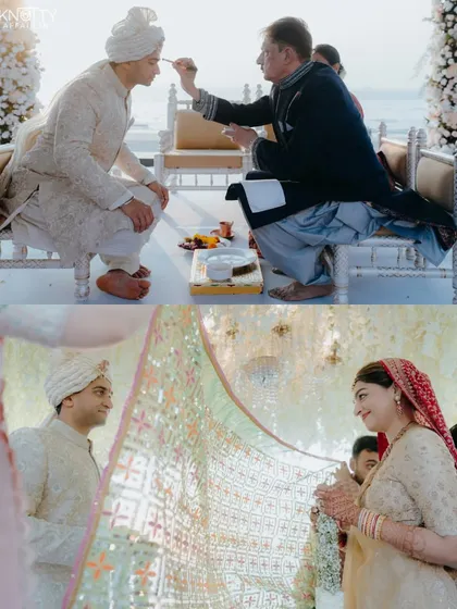 Two key moments from the beach ceremony: a father applying the tilak to the groom, and the bride and groom seeing each other for the first time. These images capture sacred traditions and heartfelt emotions.