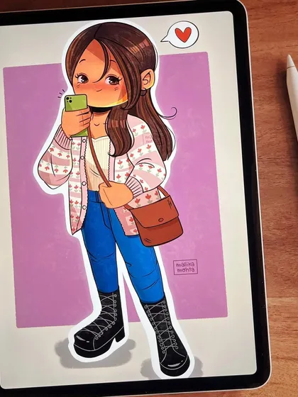 A shot of the 'picnic sweater' illustration displayed on my iPad. This gives a sense of the digital canvas and the tools I use to create my character art.