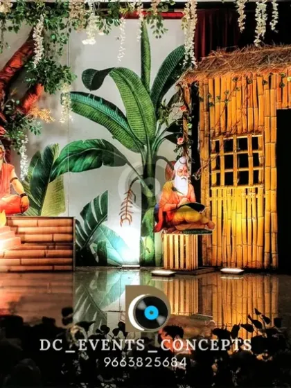 A unique and traditional stage created for a Bhramopadesha (sacred thread ceremony). The design incorporates elements like a bamboo hut and depictions of gurus, creating an authentic and spiritual setting.