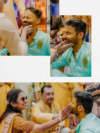 The traditional application of Haldi by family members, a moment of blessing and love.