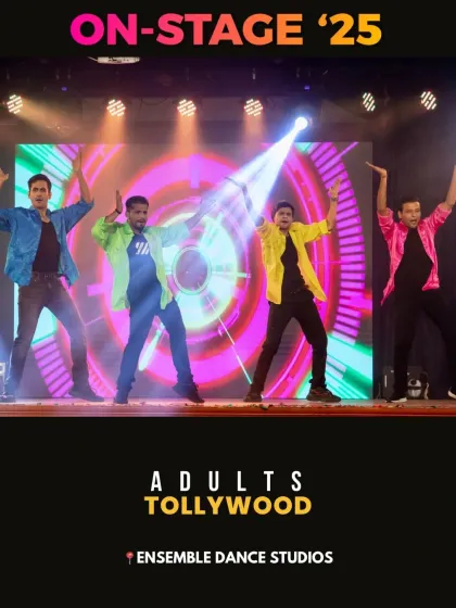 The men from our adults' Tollywood batch showing off their moves. Our classes are for everyone, regardless of age or gender.