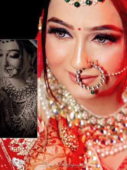A creative close-up of the bride's face with a small black and white portrait inset.