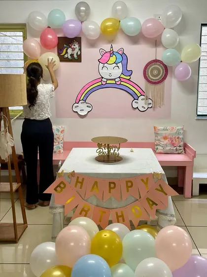A magical unicorn-themed birthday setup. Our flexible space can be decorated to create a dream party for your child.