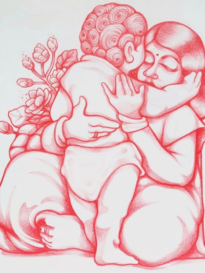 A Mother's Day illustration done with red pencil on paper. It's a simple, heartfelt image about the universal theme of a mother's embrace.