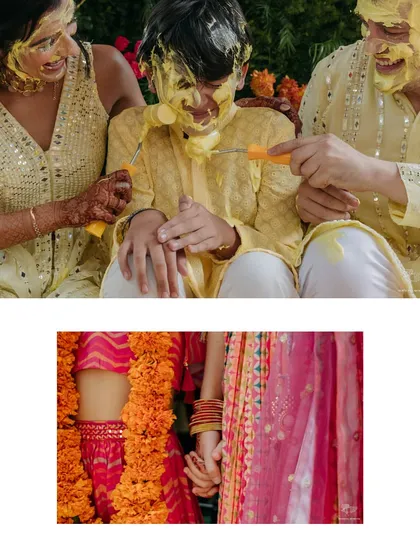 A collage showing the messy, fun-filled moments of a Haldi. From being covered in turmeric to being doused with water, these shots capture the beautiful chaos of the celebration.