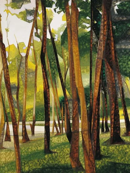 'The Woods, Palni Hills II', a serigraph by Jehangir Sabavala, capturing a forest scene with his signature fractured planes of color.
