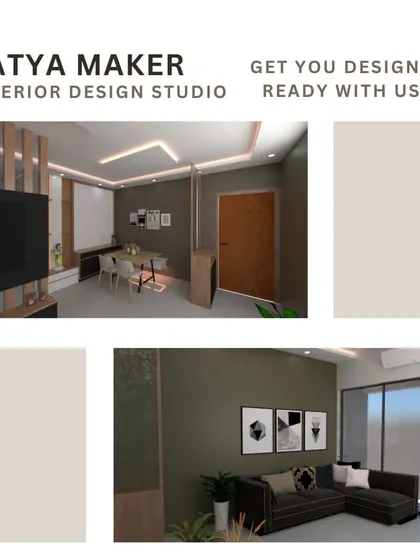 A collage of 3D design concepts for a living room.