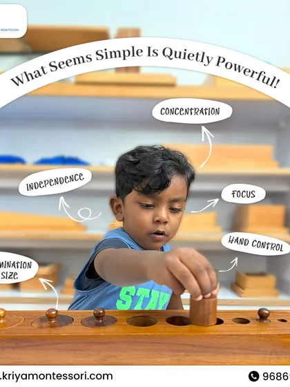 Here, a child is deeply engaged with the Cylinder Blocks, a foundational Montessori material. This activity, which seems simple, is quietly powerful in developing concentration, hand control, and the ability to discriminate between different sizes, laying the groundwork for future mathematical understanding.