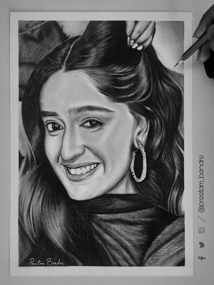 See how I drew Niharika NM's portrait. These images show the process from the initial grid and eye sketch to the final rendering of her hair and smile.