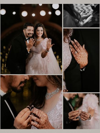 A collage focusing on the rings. The engagement ring exchange is a pivotal moment, and we capture it from multiple angles, including close-ups of the beautiful henna.