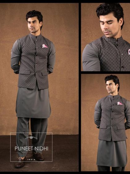 A collage showcasing the grey Pathani suit with a rhombus-patterned jacket. The details highlight the precise thread and bead work.
