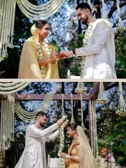 A diptych of a South Indian style wedding ceremony. It shows the couple exchanging garlands and participating in the rituals under a beautiful floral mandap.