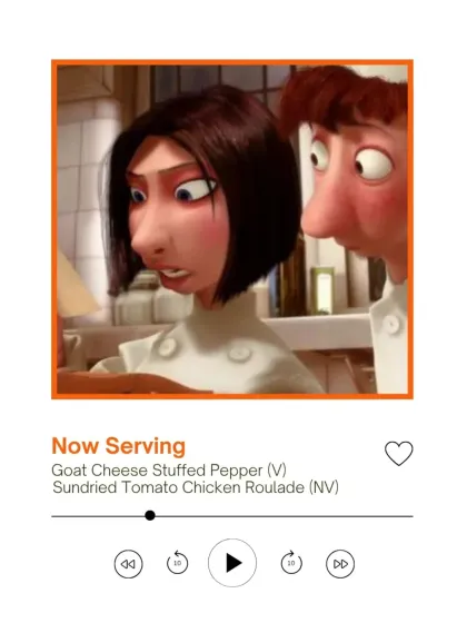 A course inspired by the dynamic in Gusteau's kitchen. This graphic shows the Goat Cheese Stuffed Pepper being served, a sophisticated dish reflecting the high stakes of Parisian fine dining.