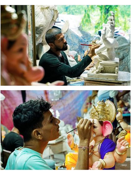 A behind-the-scenes look at the creation of Ganpati idols. This collage shows the skilled hands of the artists as they paint the fine details, bringing the clay to life. It's a tribute to their dedication and craft.