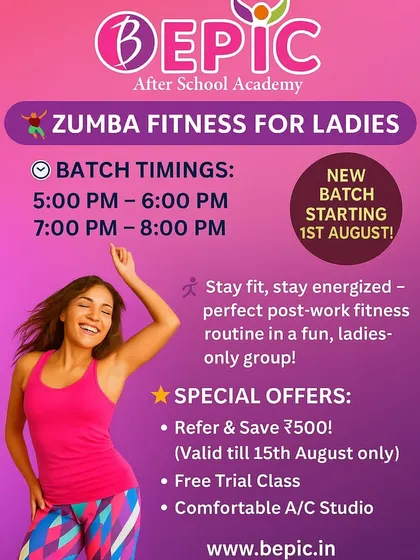 This poster gives you all the details for my Zumba Fitness classes designed just for ladies. I offer convenient evening batches in a comfortable, air-conditioned studio, creating the perfect post-work routine. It's a fun, energetic, and judgment-free space to focus on your fitness, and you don't need any prior dance experience to join.