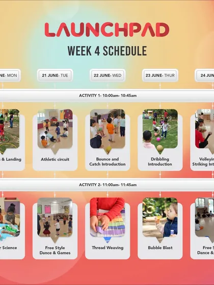 Here is the plan for Week 4 of our summer camp. Each day is split between an active sports session and a creative or scientific activity like color science and thread weaving.