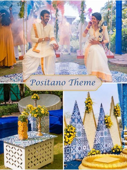 **Haldi Theme: Positano.** Inspired by the Italian coast, this theme uses the classic combination of blue, white, and yellow for a fresh, vibrant, and unique Haldi celebration.