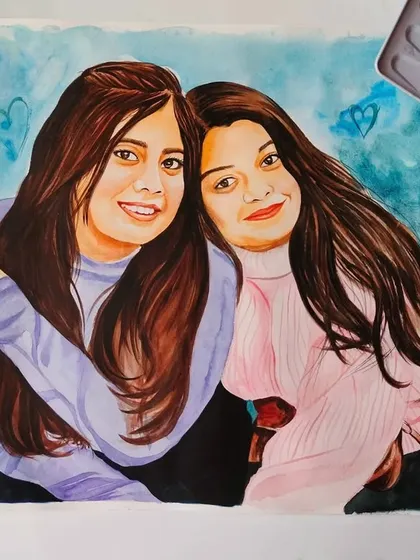 The full watercolor portrait of two sisters, capturing their close bond. This 16x12 inch painting makes for a wonderful personalized gift.