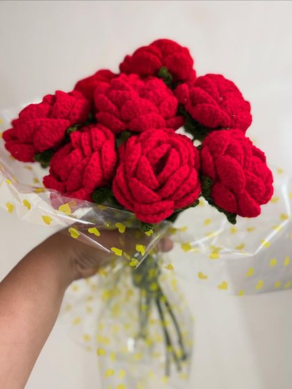 For a classic romantic gesture, I offer this bouquet of vibrant red crochet roses. They have the beauty of real roses but will last a lifetime.