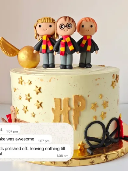 A client's feedback on the Harry Potter cake, sharing that the kids polished it off completely. It's always great to hear that the cakes taste as good as they look.