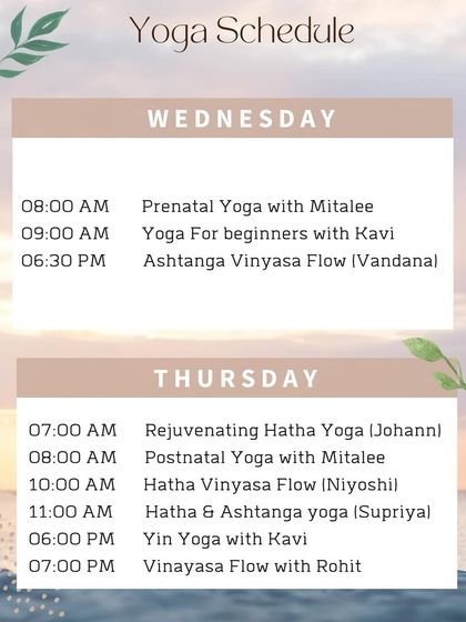 Our yoga schedule for Wednesday and Thursday, offering a mix of morning and evening classes like Rejuvenating Hatha, Yin Yoga, and Vinyasa Flow.