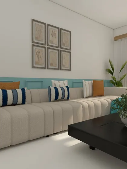 A living and dining space we designed with an inviting atmosphere. The light blue wainscoting and striped cushions add a touch of color and creativity.