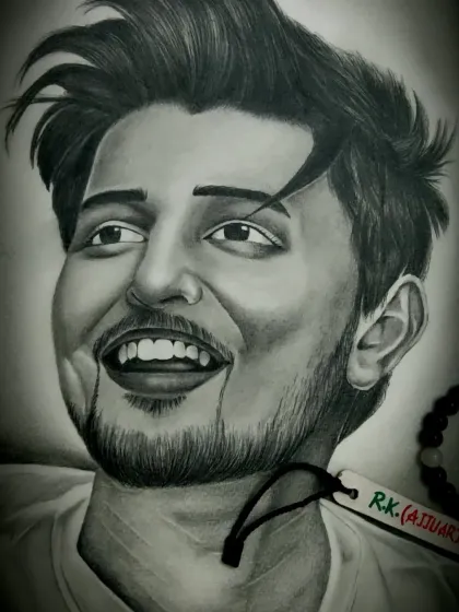 A close-up, moody shot of the Darshan Raval portrait, highlighting the detailed work on his hair and facial features.