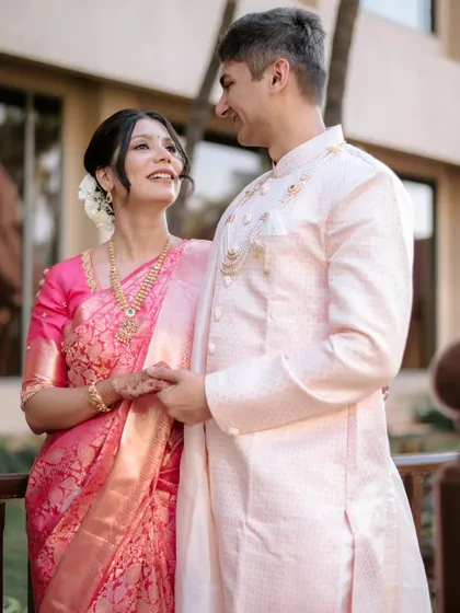 A sweet, candid moment between the couple. My draping ensures they can interact naturally and comfortably.