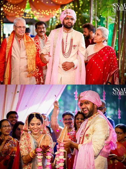 A collage showing the groom's procession and the couple's celebration. We tell the story of your day by capturing the big entrances and the happy outcomes.