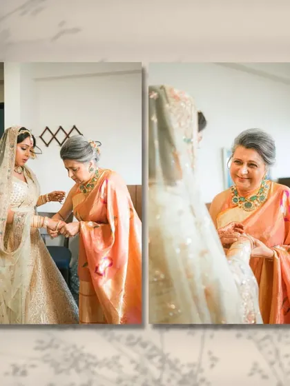 A heartwarming diptych of the bride's mother helping her get ready, a precious family moment.