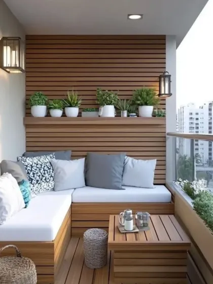 This cozy balcony features a custom-built L-shaped wooden bench that fits the space perfectly, complete with comfortable white cushions. A slatted wood accent wall provides a warm backdrop for a shelf of potted plants, maximizing both seating and greenery.