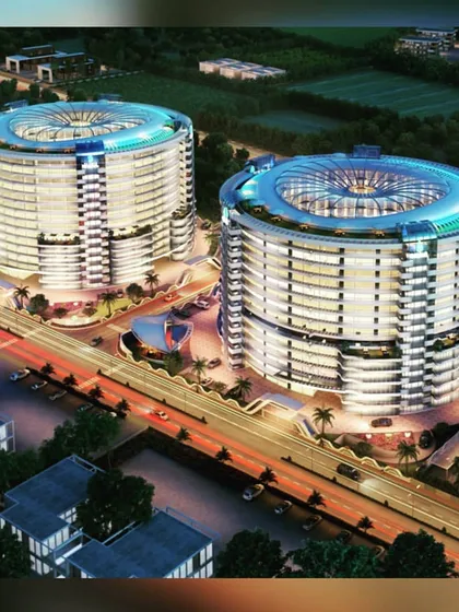 An architectural visualization of radially designed twin towers for a 7-star resort and serviced apartment complex in Surat. This design demonstrates our capability in creating iconic hospitality landmarks with complex structural forms and integrated luxury amenities.