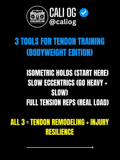 Here are three bodyweight tools for tendon training. Start with isometric holds, progress to slow eccentrics with heavy load, and build up to full tension reps. This combination creates resilient tendons.