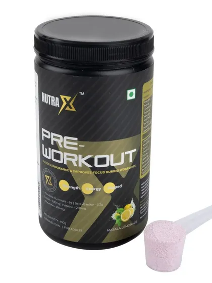 A tub of pre-workout powder with a scoop of the product, clearly showing the texture and color.