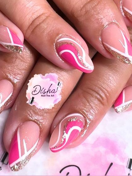 A vibrant and graphic design in pink and white with gold glitter accents.