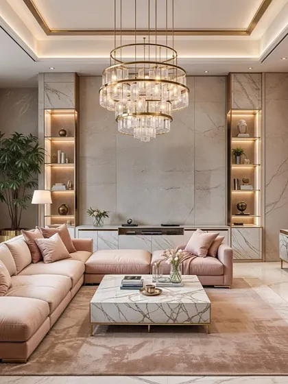 This concept balances a large pink sofa with a stunning marble TV unit, backlit shelving, and a multi-tiered chandelier for a truly opulent feel.