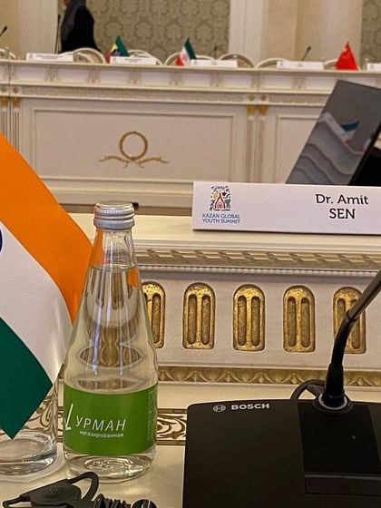 Dr. Amit Sen's nameplate at the Global Youth Summit. As a leading Child & Adolescent Psychiatrist, his voice contributes to important global conversations about the well-being of young people.