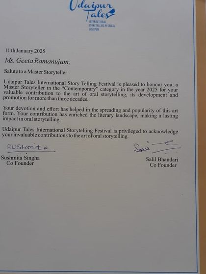 The official letter from the Udaipur Tales International Story Telling Festival. Being honored in the 'Contemporary' category for my three decades of work is a moment I will always cherish.