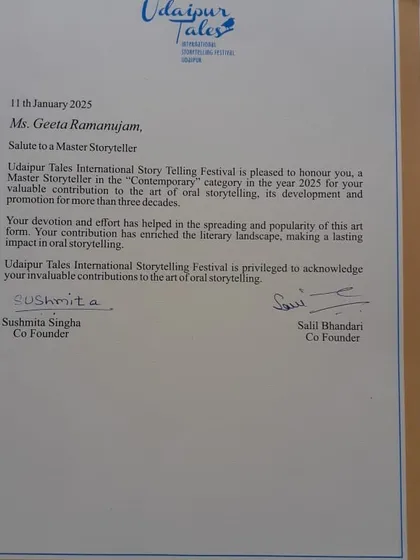 The official letter from the Udaipur Tales International Story Telling Festival. Being honored in the 'Contemporary' category for my three decades of work is a moment I will always cherish.