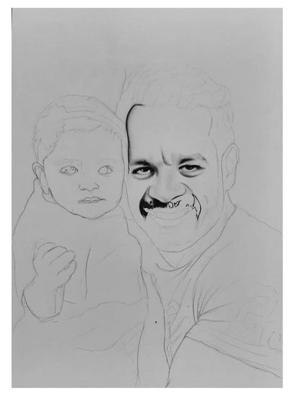 The 48-hour process of creating the 'Flying Beast' family portrait. You can see how I sketched both Gaurav and his daughter to capture their bond.