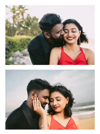 A collage of two intimate portraits from a beachside post-wedding shoot, celebrating the couple's first anniversary.