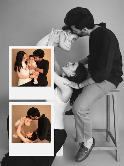 A creative collage capturing the fun and love of a family photoshoot. The mix of a playful main image with polaroid-style snapshots tells a beautiful story.