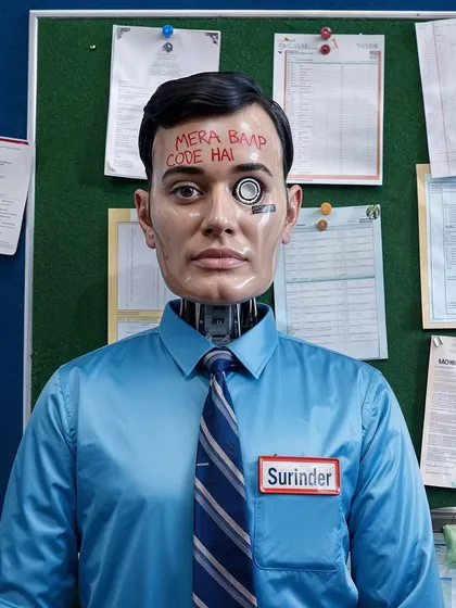 A portrait of 'Surinder', the first robot office worker, with 'Mera Baap Code Hai' written on his forehead. This series explores the dehumanizing and often absurd experience of corporate life.